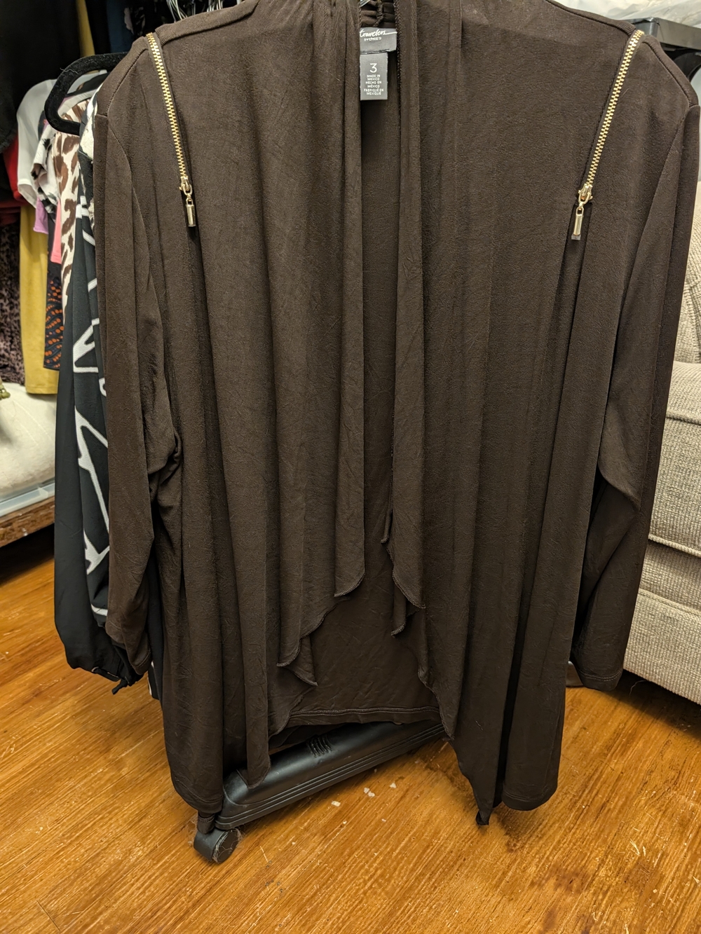 Chico’s Travelers Brown Draped Cardigan Jacket Size 3 Gold Zipper Detail